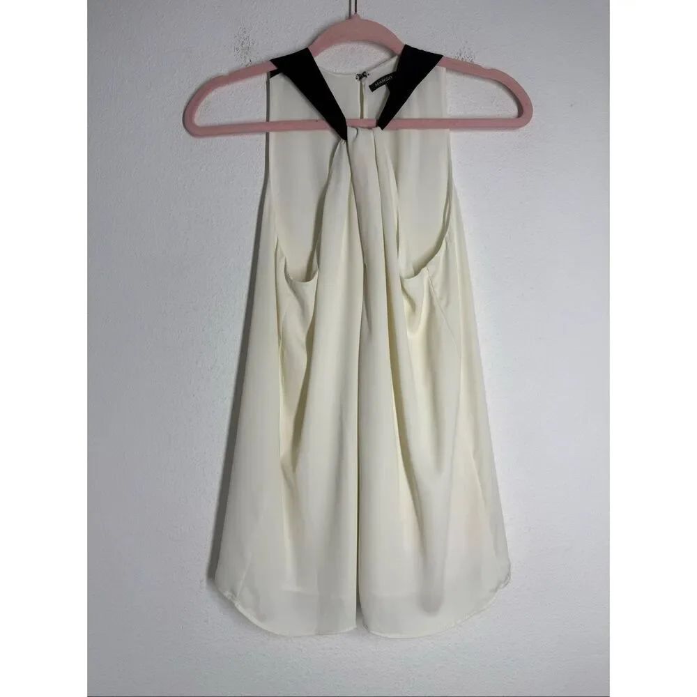 Mango Ivory Sleeveless Blouse Black Trim Tie Neck Flowy Top Women Medium